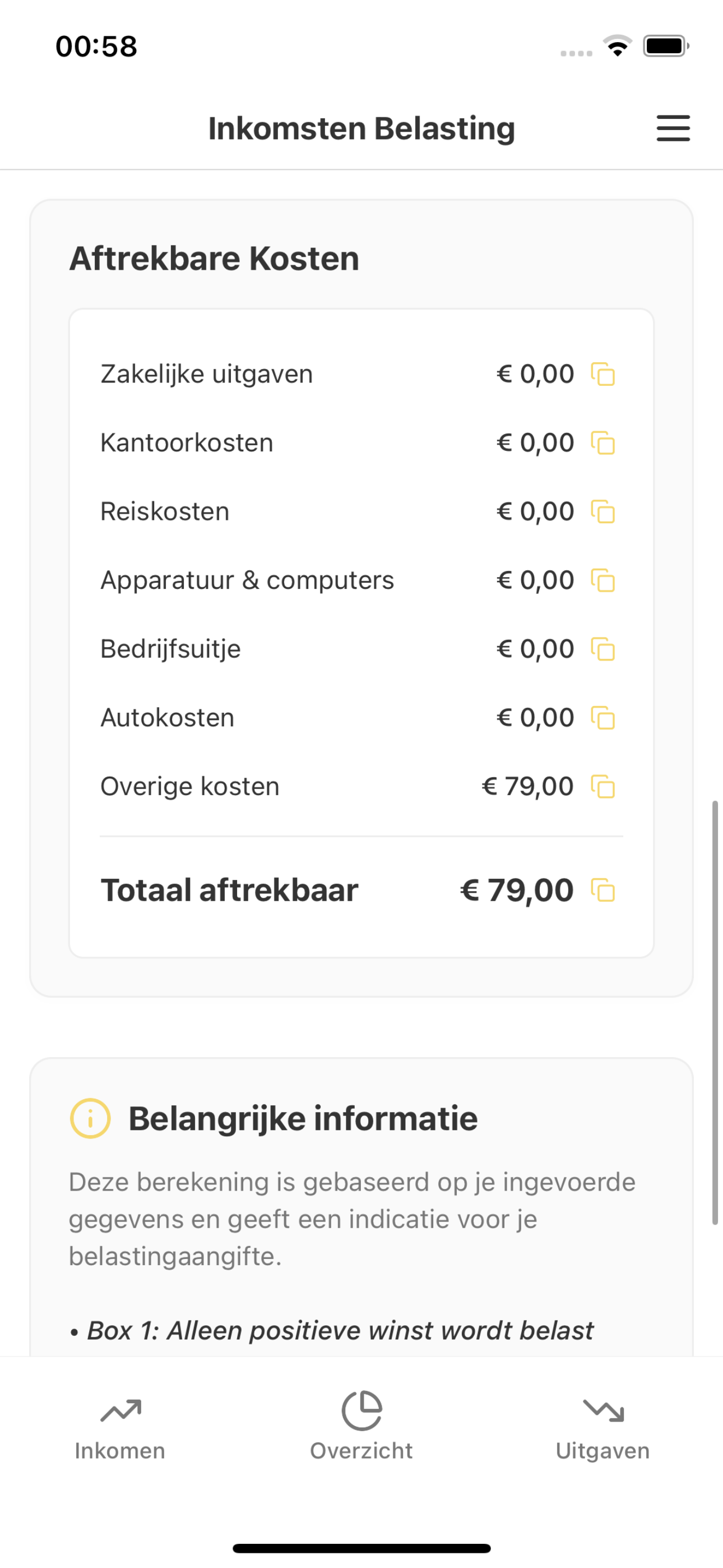 Mobile tax deduction interface showing Inkomsten Belasting with deductible costs breakdown including business expenses, office costs, travel costs, equipment, company events, and car costs totaling €79,00 in deductible amounts